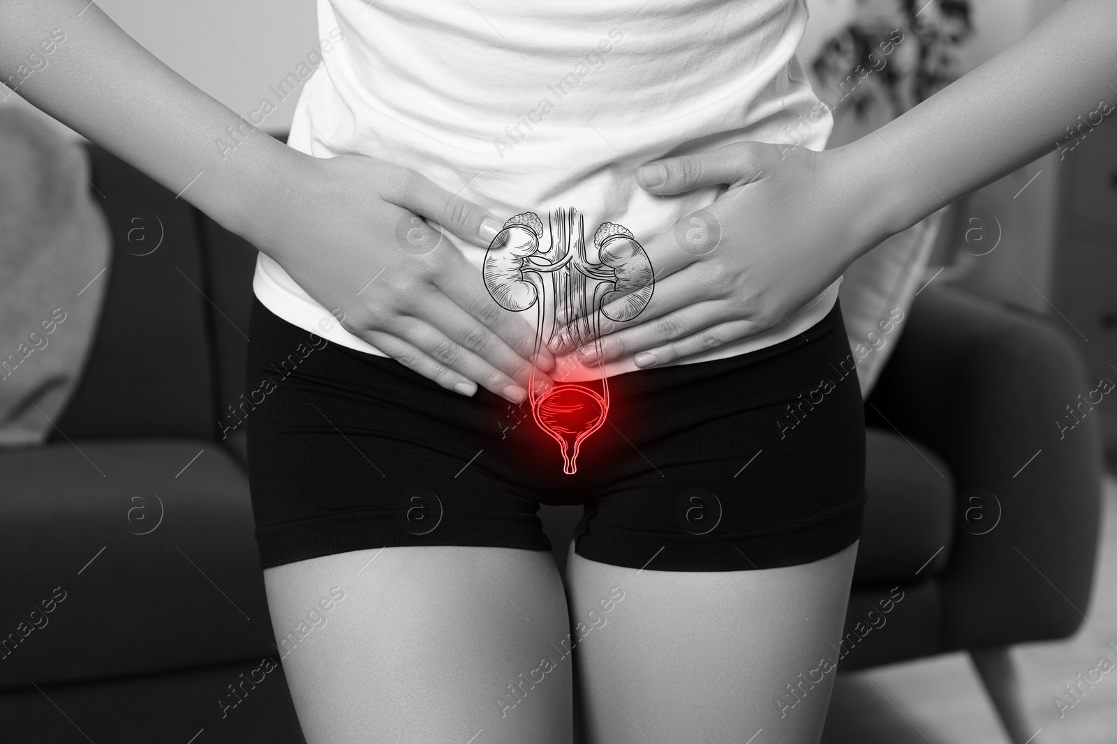 Image of Woman suffering from cystitis at home, closeup. Illustration of urinary system