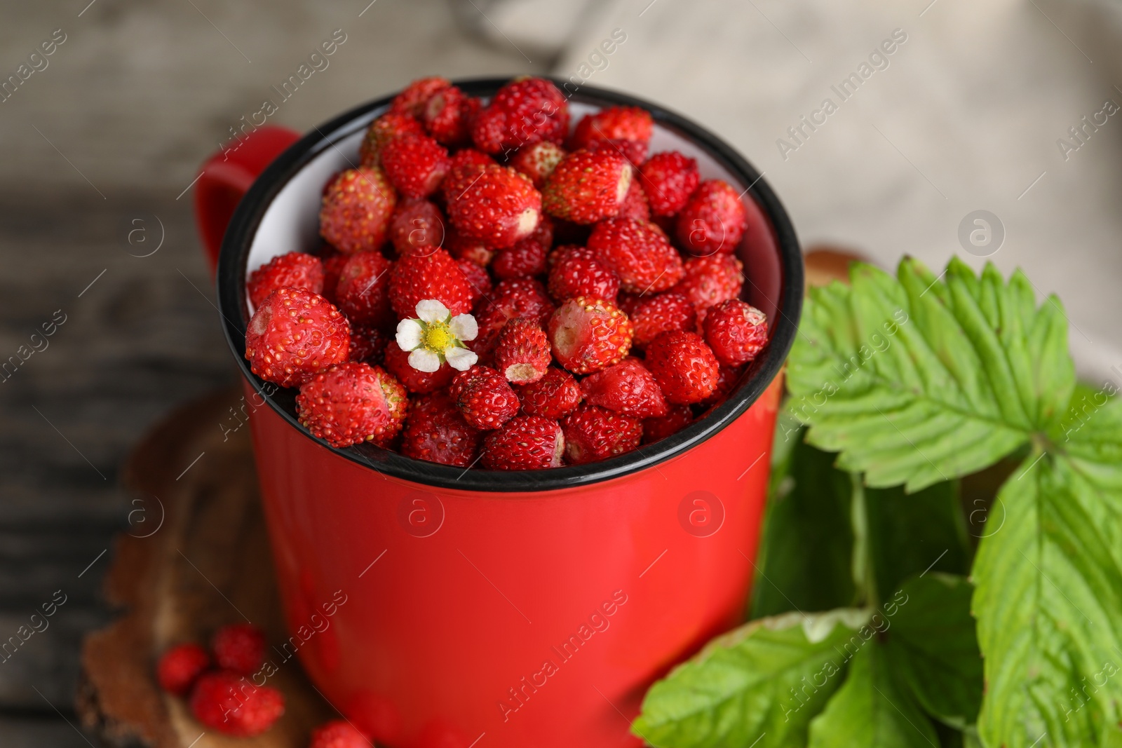 Photo of Fresh wild strawberries in mug and leaves on table, closeup
