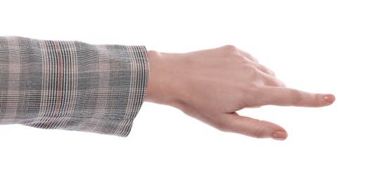 Photo of Woman pointing with index finger on white background, closeup