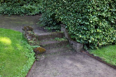 Photo of Old stone stairs and green plants outdoors