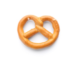 Photo of Delicious crispy pretzel cracker isolated on white, top view