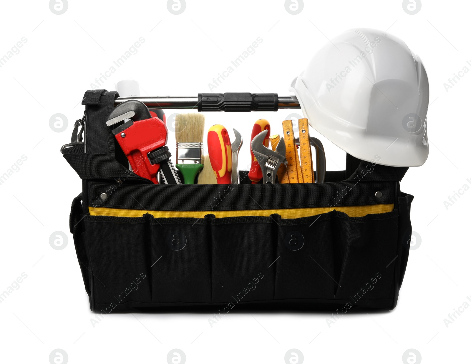 Photo of Bag with different construction tools isolated on white