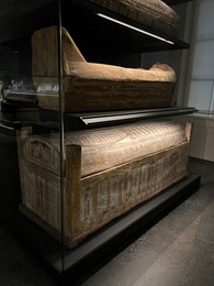 Photo of LEIDEN, NETHERLANDS - AUGUST 07, 2022: Display with Ancient Egyptian sarcophagi in National Museum of Antiquities (Rijksmuseum van Oudheden)