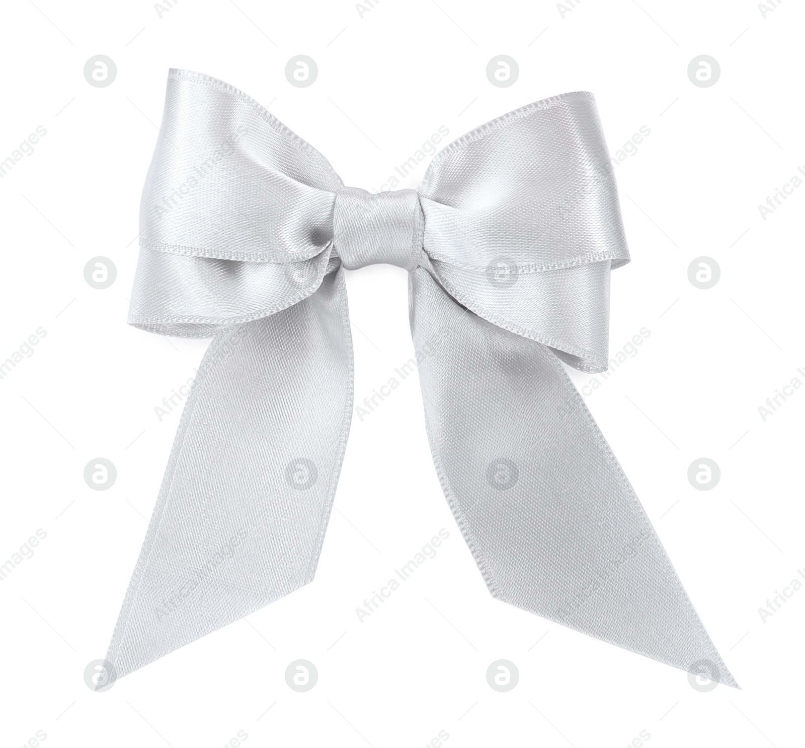 Photo of Beautiful silver ribbon tied in bow isolated on white, top view
