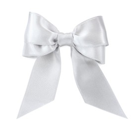 Beautiful silver ribbon tied in bow isolated on white, top view