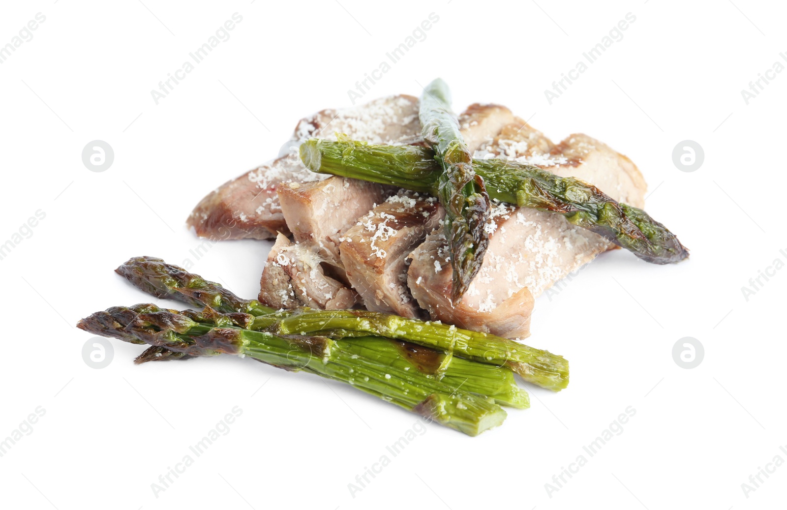 Photo of Tasty meat with asparagus isolated on white