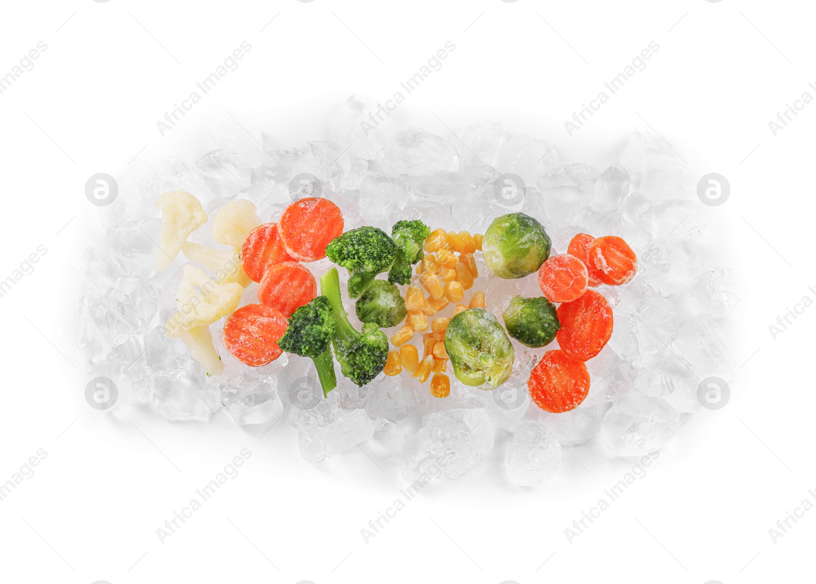 Photo of Different frozen vegetables with ice isolated on white, top view
