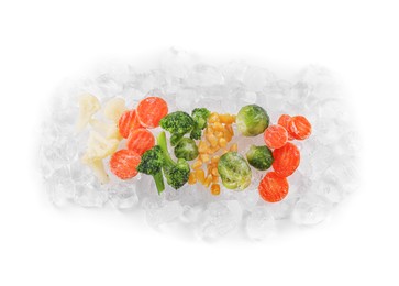 Different frozen vegetables with ice isolated on white, top view