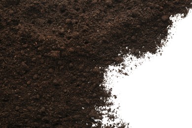 Photo of Pile of soil on white background, top view