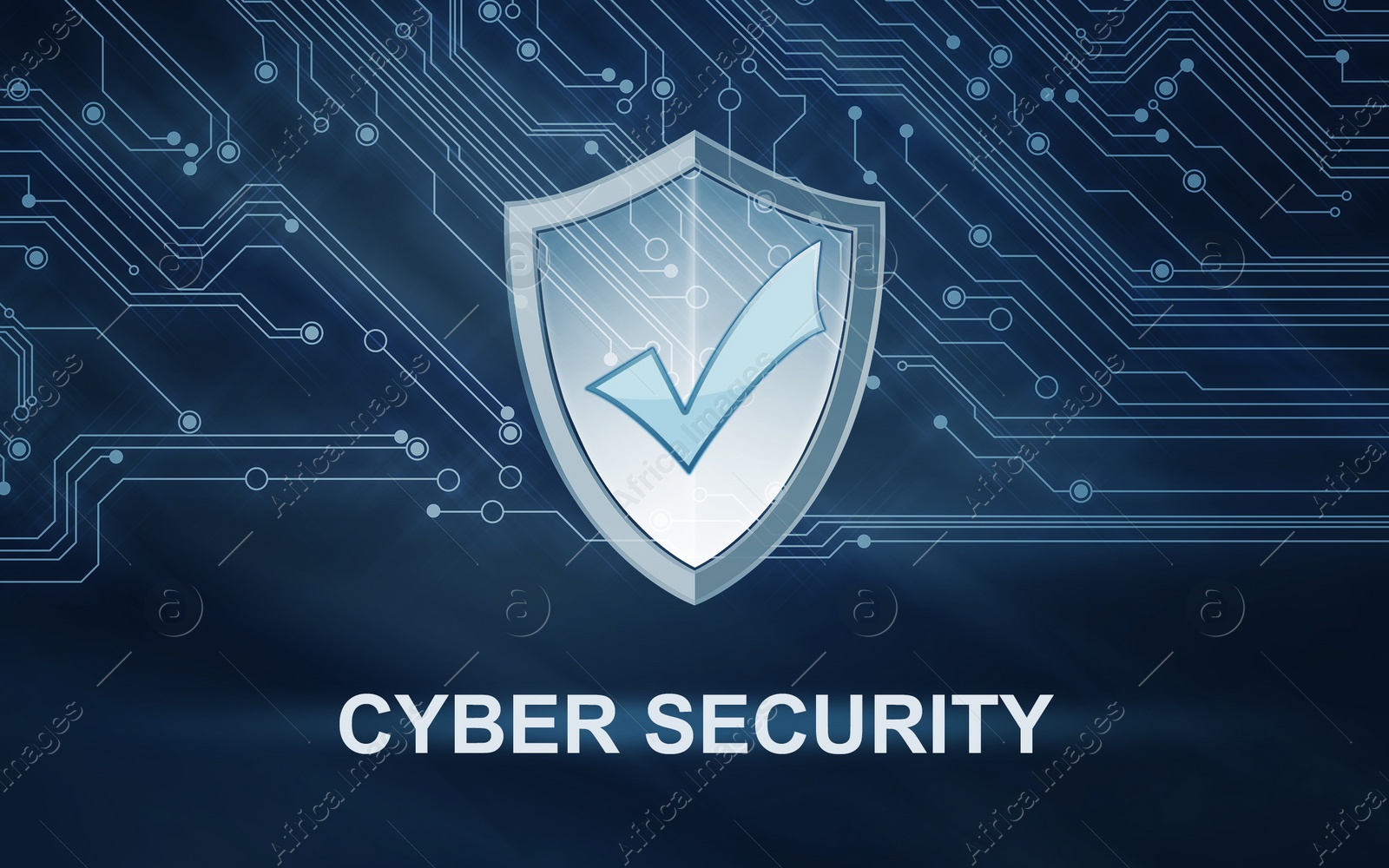 Illustration of Cyber security concept. Shield with check mark illustration and text against circuit board pattern