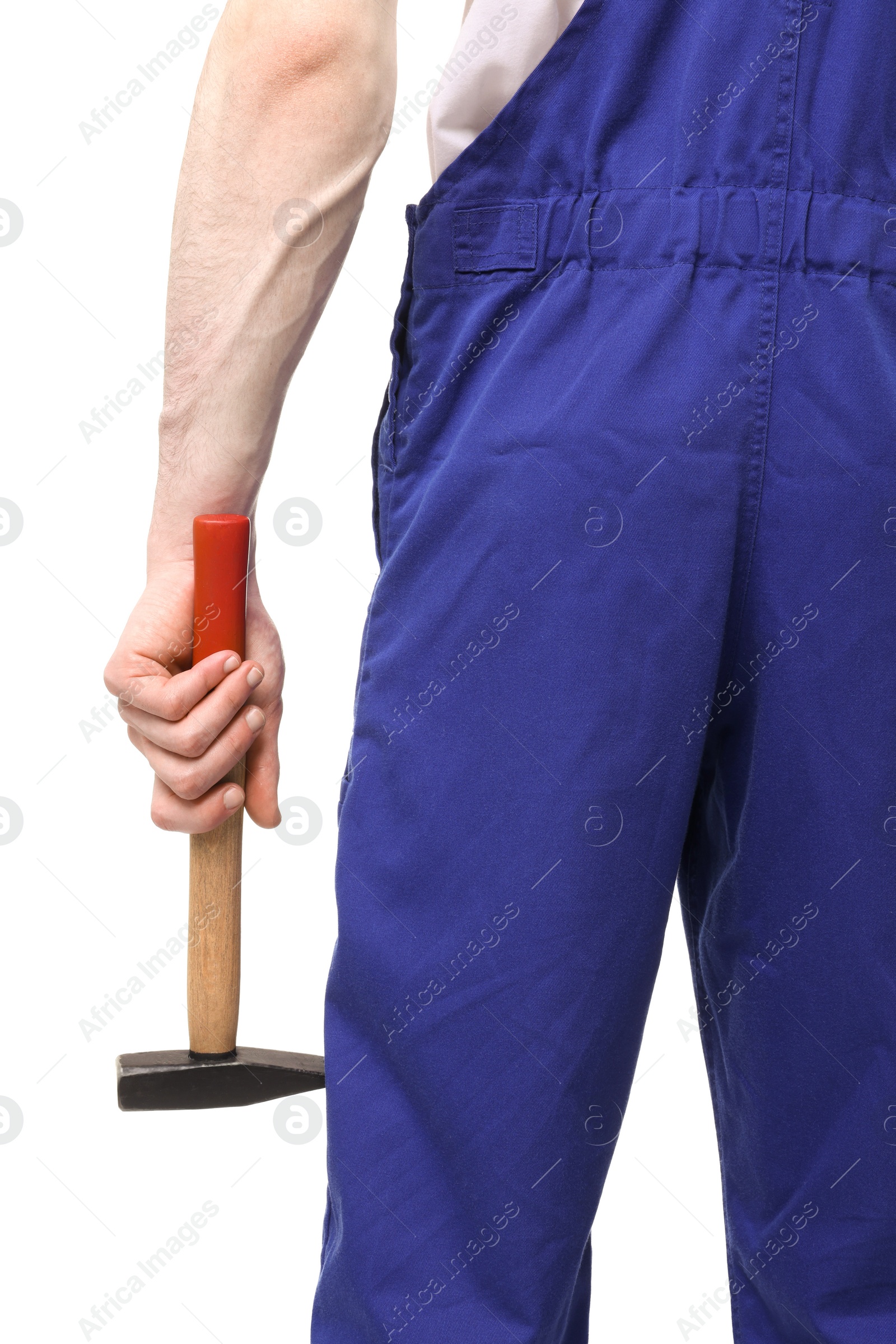 Photo of Professional repairman holding hammer on white background, closeup