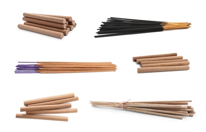 Image of Set with aromatic incense sticks on white background 