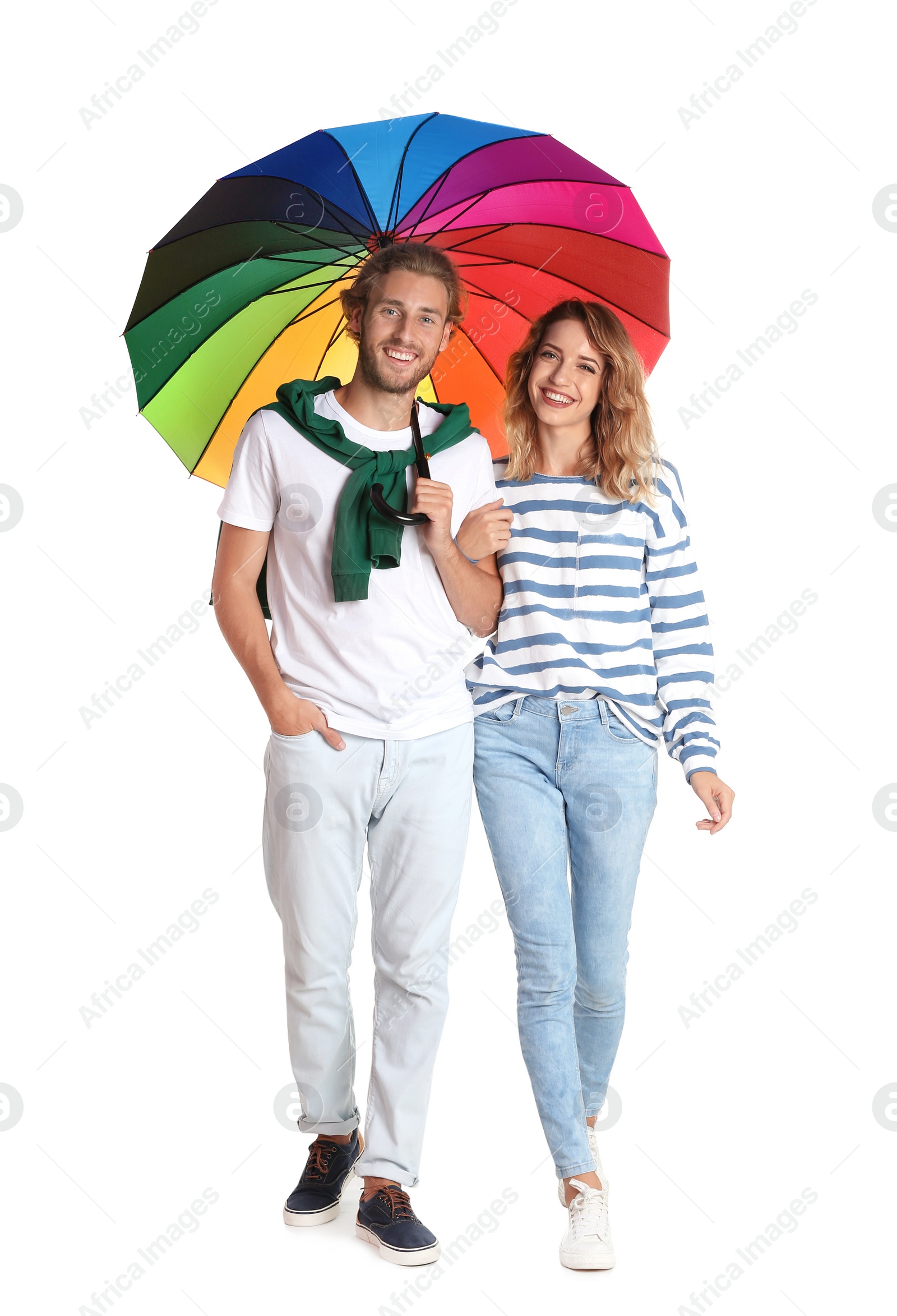 Photo of Couple with rainbow umbrella on white background