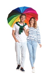 Couple with rainbow umbrella on white background