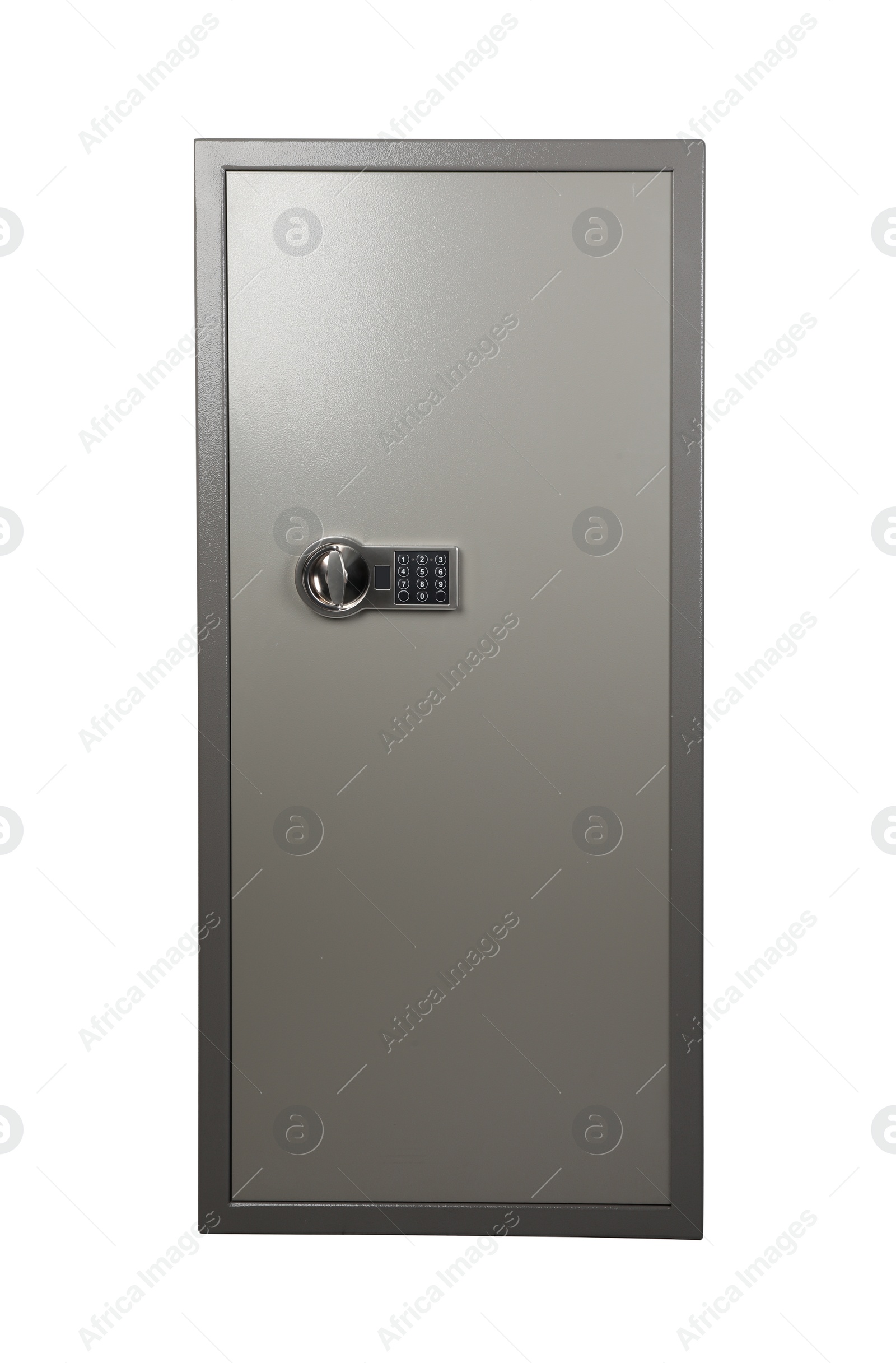 Image of Big steel safe with electronic lock on white background 