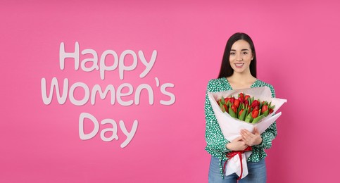 Happy Women's Day, Charming lady holding bouquet of beautiful flowers on pink background