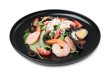 Photo of Plate of delicious salad with seafood isolated on white closeup
