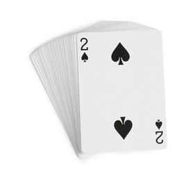 Photo of Playing cards and two of spades on white background