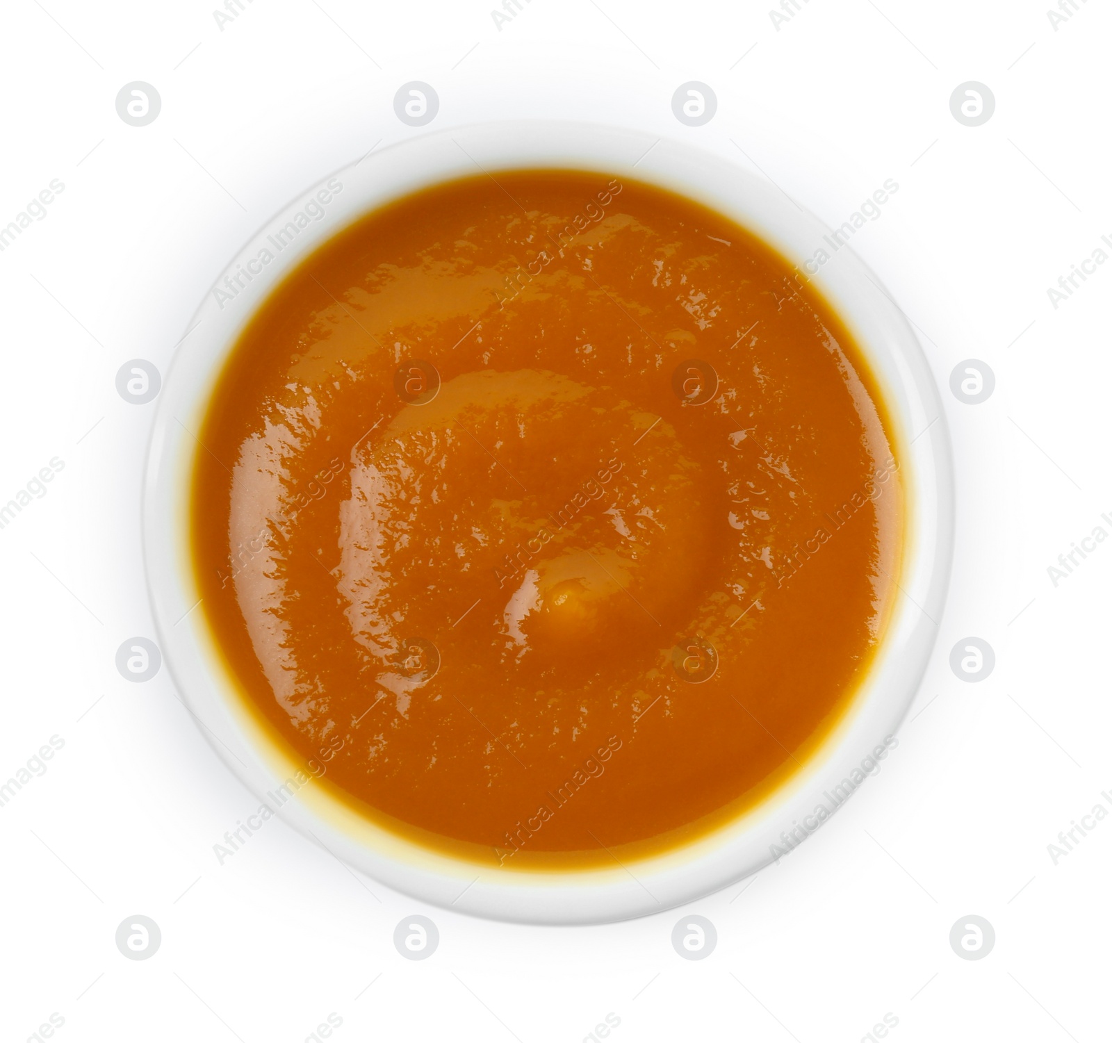 Photo of Bowl of healthy baby food isolated on white, top view