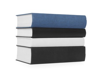 Photo of Stack of different hardcover books on white background