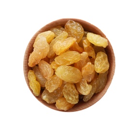 Bowl with raisins on white background, top view. Healthy dried fruit