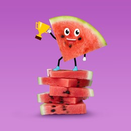 Image of Creative artwork. Happy watermelon with trophy cup on podium. Slice of fruit with drawings on magenta background