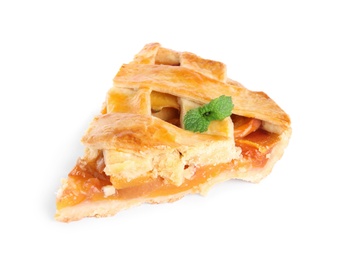 Photo of Slice of delicious fresh peach pie isolated on white