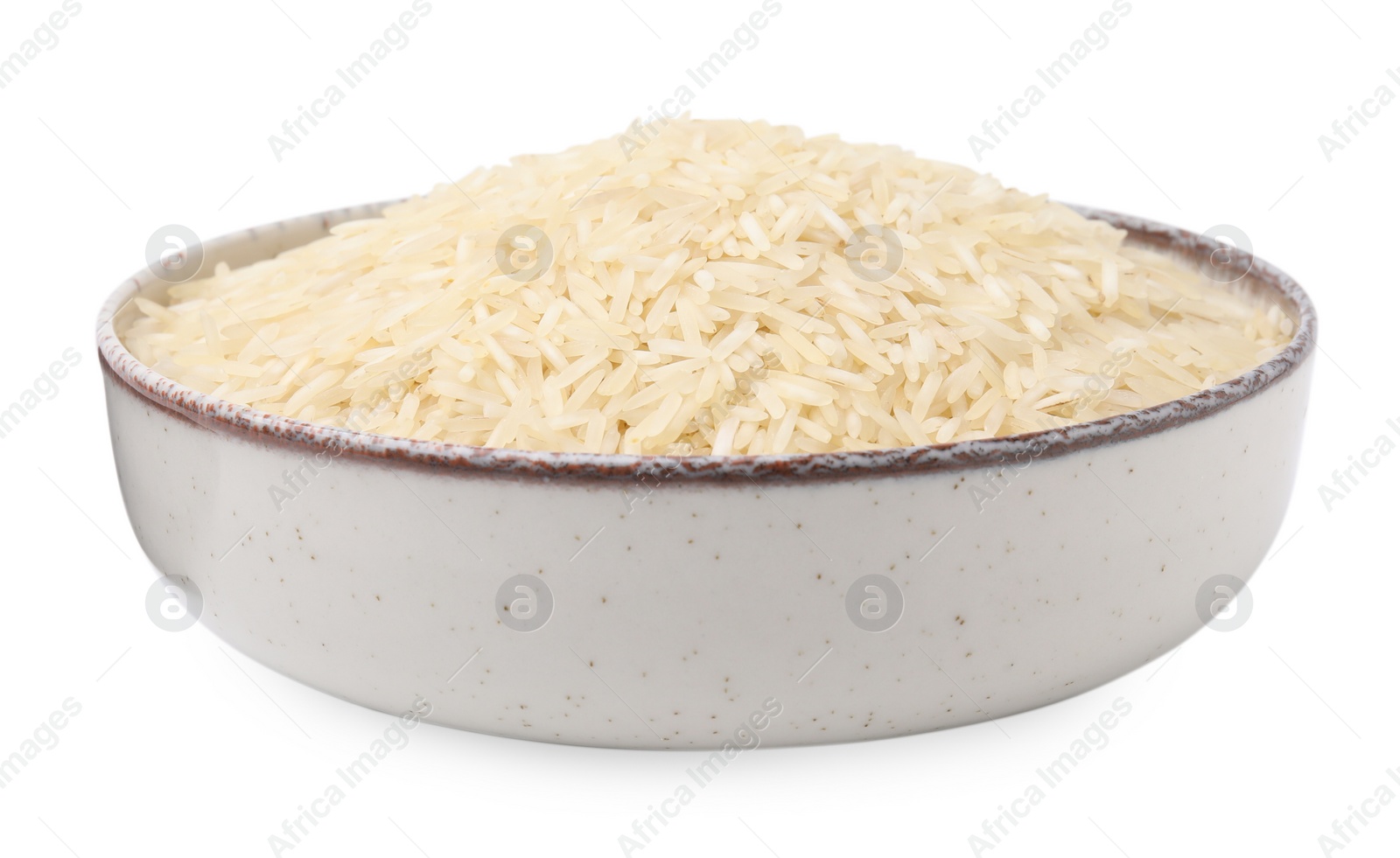 Photo of Raw rice in bowl isolated on white