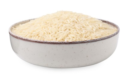 Photo of Raw rice in bowl isolated on white