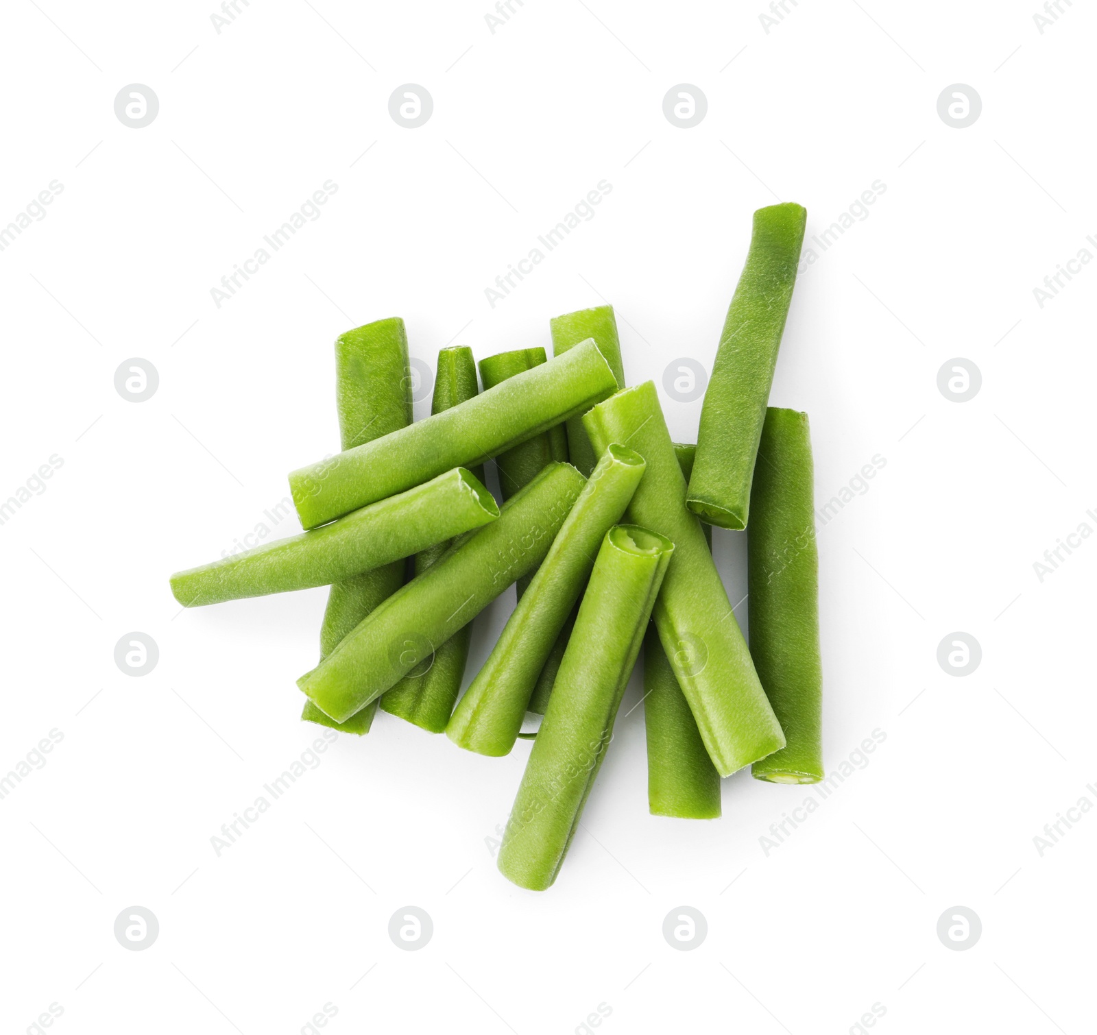 Photo of Fresh green beans on white background, top view