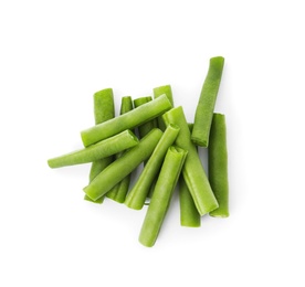 Fresh green beans on white background, top view