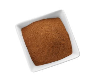 Photo of Bowl with aromatic cinnamon powder on white background