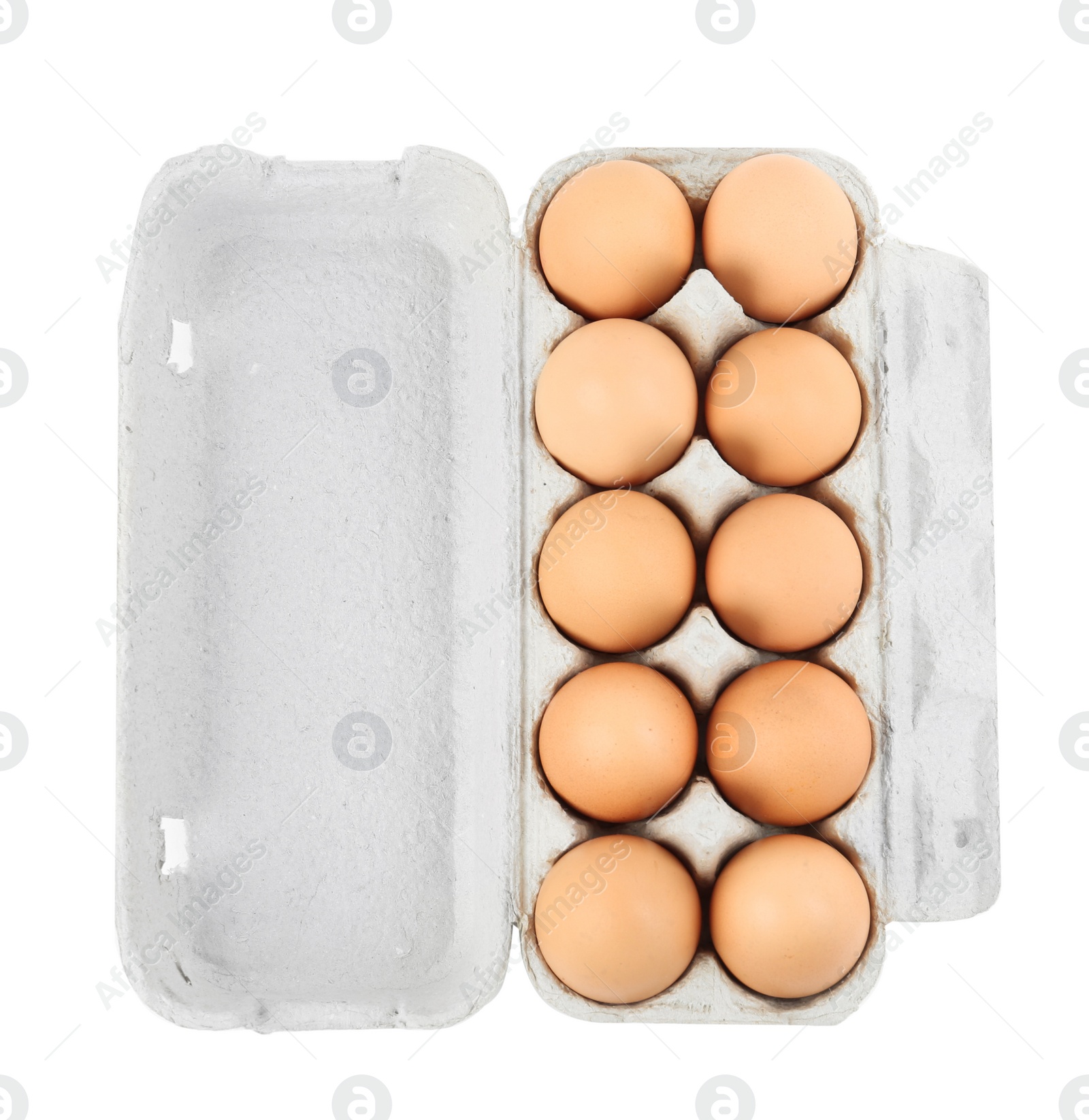 Photo of Raw chicken eggs in carton isolated on white, top view