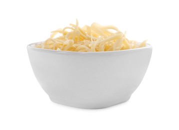 Photo of Tasty grated cheese in bowl isolated on white