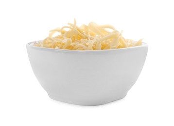 Tasty grated cheese in bowl isolated on white