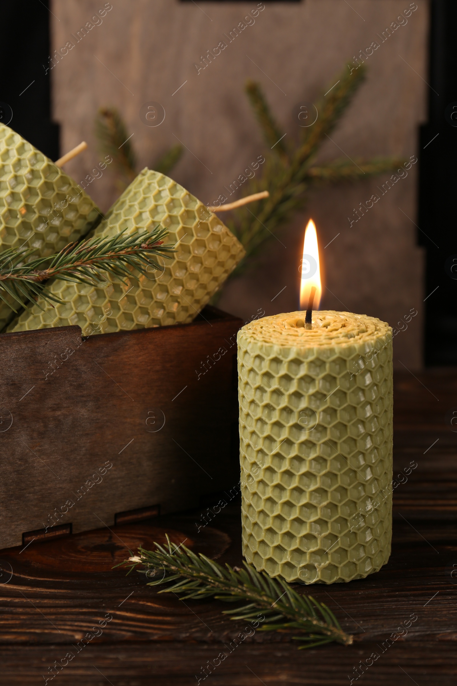 Photo of Stylish elegant beeswax candles with spruce branches on wooden table