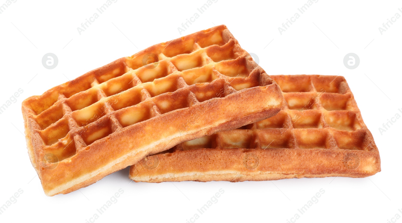 Photo of Two delicious Belgian waffles on white background