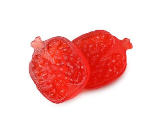 Photo of Delicious gummy pomegranate candies on white background