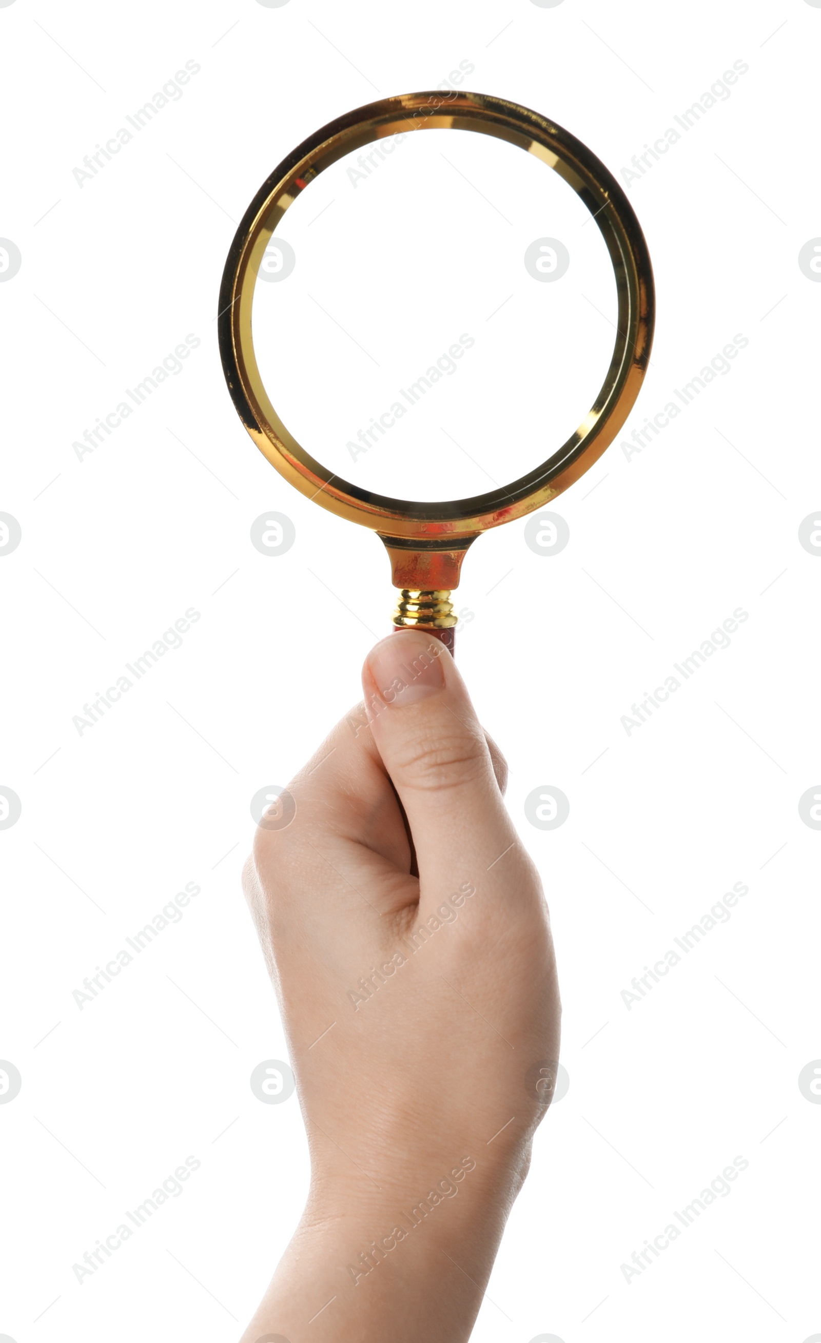 Photo of Woman holding magnifying glass on white background, closeup. Find keywords concept