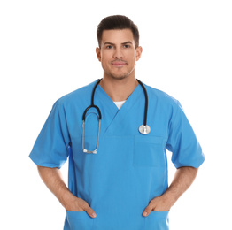 Photo of Portrait of doctor with stethoscope on white background