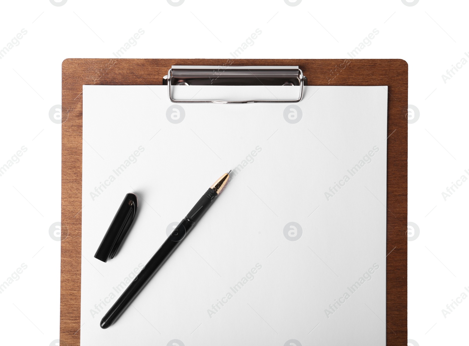 Photo of Wooden clipboard with sheet of paper and pen isolated on white, top view