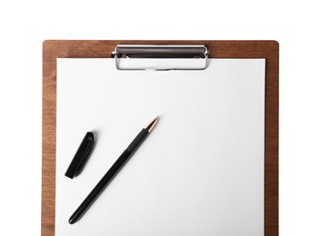 Photo of Wooden clipboard with sheet of paper and pen isolated on white, top view