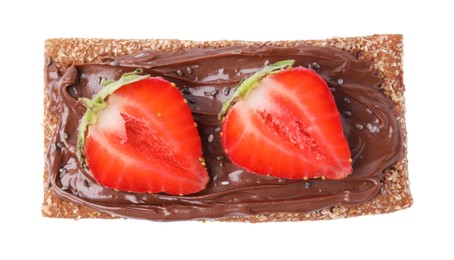 Fresh crunchy rye crispbread with chocolate spread, strawberry and chia seeds isolated on white, top view