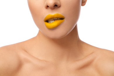 Image of Woman with golden lipstick on white background, closeup