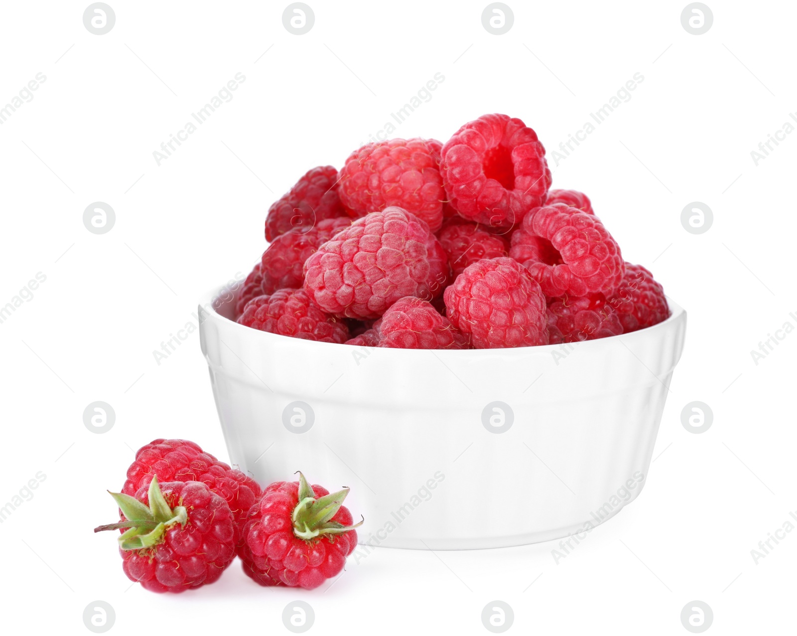 Photo of Delicious fresh ripe raspberries in bowl isolated on white