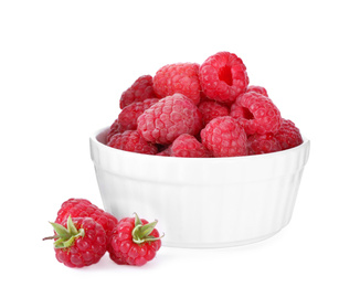 Delicious fresh ripe raspberries in bowl isolated on white