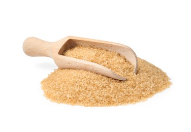 Pile of brown sugar and wooden scoop isolated on white