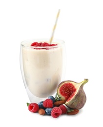 Photo of Delicious fig smoothie and ingredients on white background