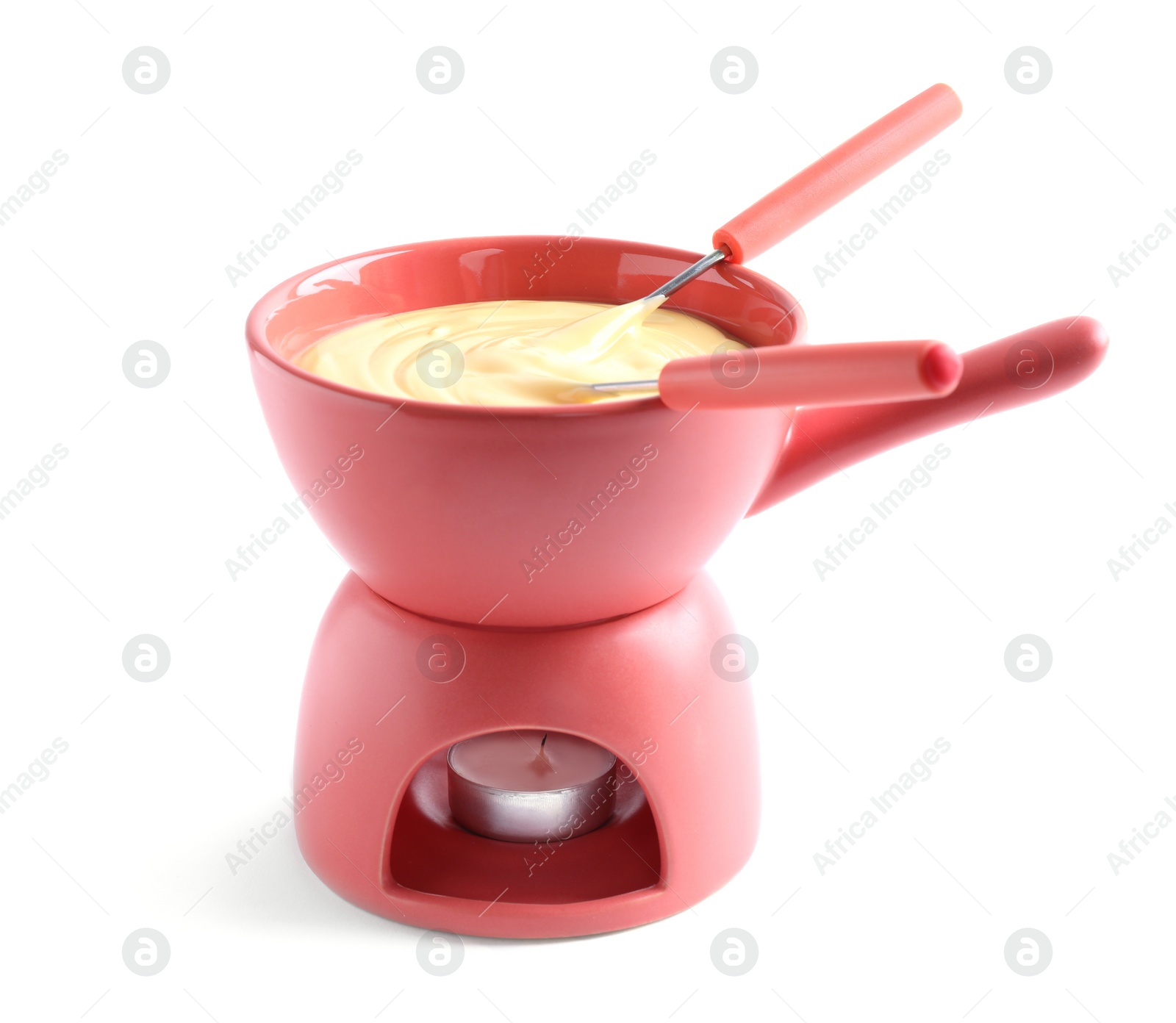 Photo of Pot with delicious cheese fondue and forks on white background