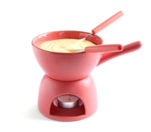 Pot with delicious cheese fondue and forks on white background